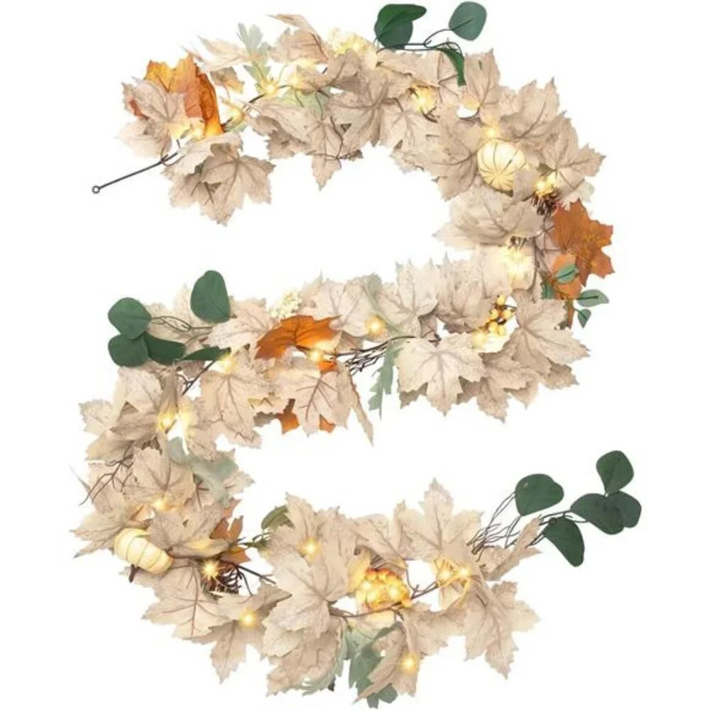Fall Leaves Garland with Lights for Mantle Decor, 6 Ft Neutral Fall Ear Maple